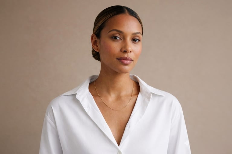 Professional woman with elegant low bun hairstyle wearing a white button-down shirt and gold chain necklace.