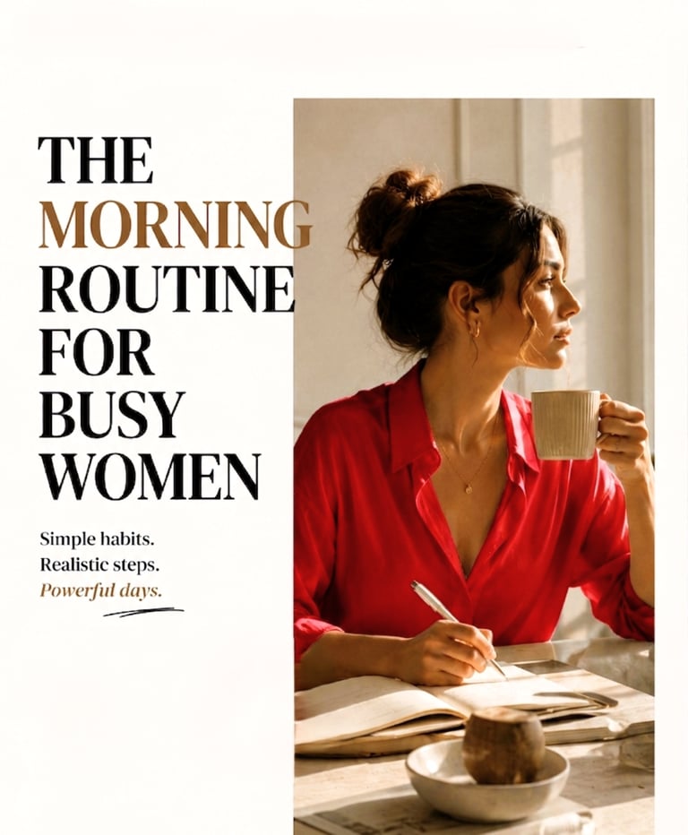 A woman in a red shirt journaling with coffee, illustrating a morning routine for busy women.