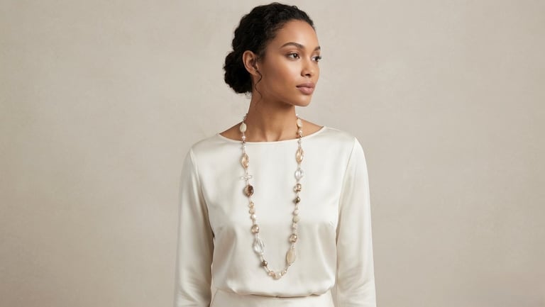 Elegant woman wearing a long beaded statement necklace over a cream silk blouse.