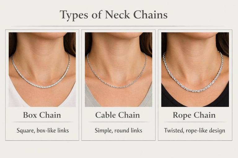 Comparison of silver neck chains including box chain, cable chain, and rope chain styles.
