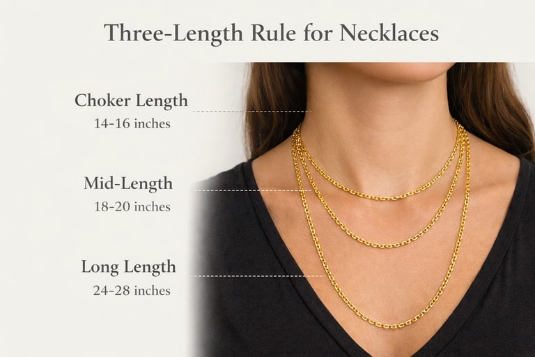 A jewelry guide showing gold necklace length options: 14-16 inch choker, 18-20 inch mid-length, and 24-28 inch long length.