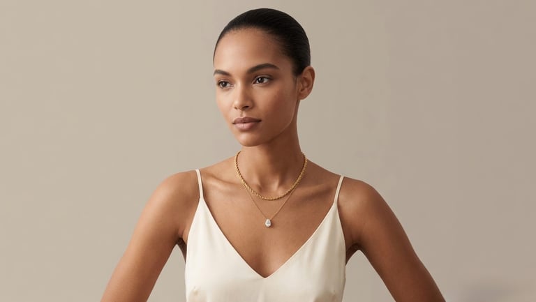 Elegant woman wearing a layered gold chain and diamond pear pendant necklace.