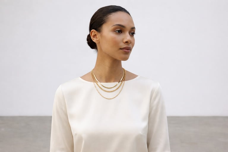 Elegant model wearing a layered gold necklace set with a white silk blouse against a neutral background.
