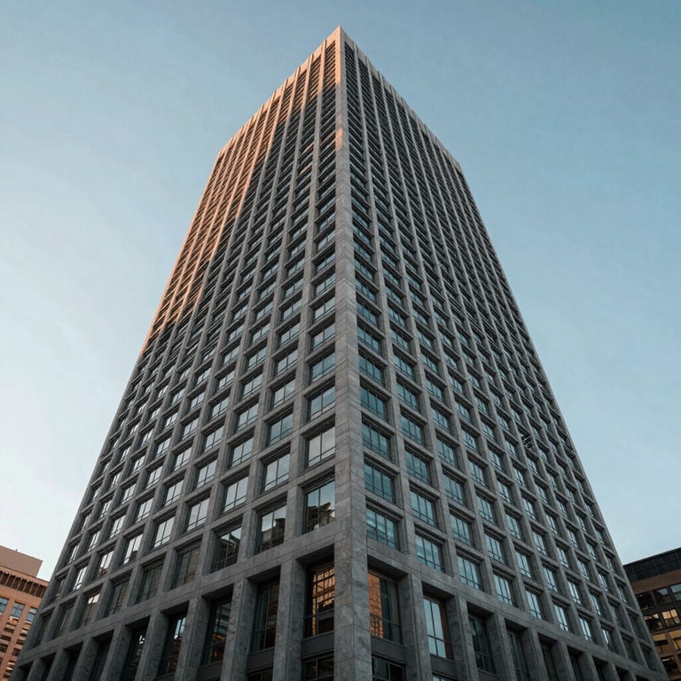 Low-angle photography of a modern architectural building in a major North American city, clear sky, representing stability and global presence.