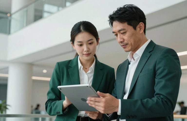 Two business professionals in a North American corporate environment collaborating over a tablet. The background features clean architectural lines in white and deep sea green, reflecting a mood of modern efficiency and teamwork.
