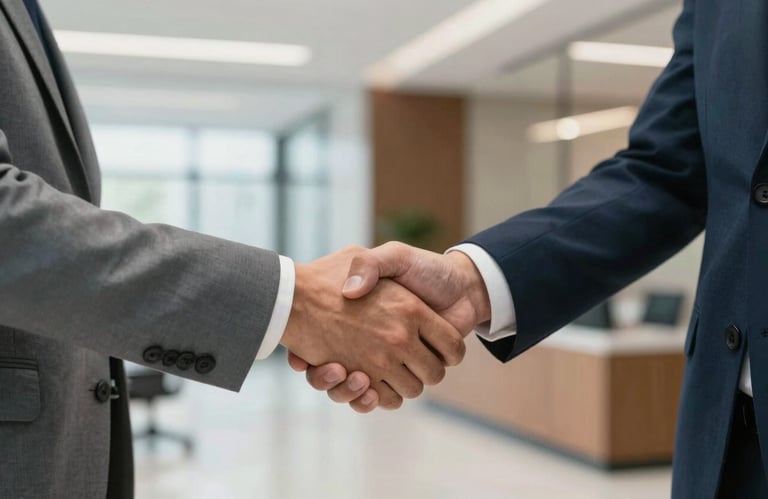 A professional handshake between two individuals in a bright North American / US office lobby, symbolizing trust and efficient partnership.