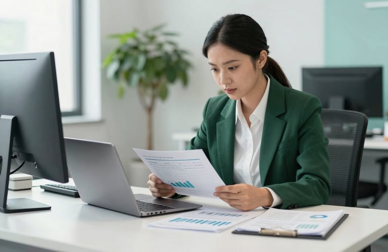 A focused professional in a modern North American office setting, reviewing financial records on a laptop. The scene is bright and clean, featuring dark forest green and soft aqua green office accessories against a white desk, conveying precision and reliability.