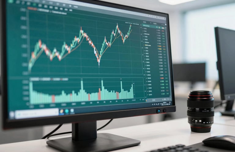 A close-up of a premium workstation in a high-end North American office. A high-resolution screen displays detailed financial charts. The lighting is soft and professional, highlighting a palette of deep sea green and clean white.