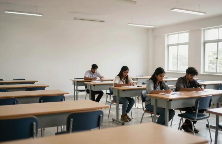 A wide shot of a modern, minimalistic classroom in a South Asian / Bangladeshi college. Bright, even lighting, focusing on the clarity and order of the environment.