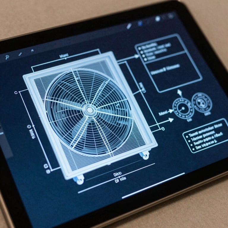 Digital diagnostic tablet showing a technical blue and white HVAC schematic, sharp focus, tech-driven style, North American / US (Miami).