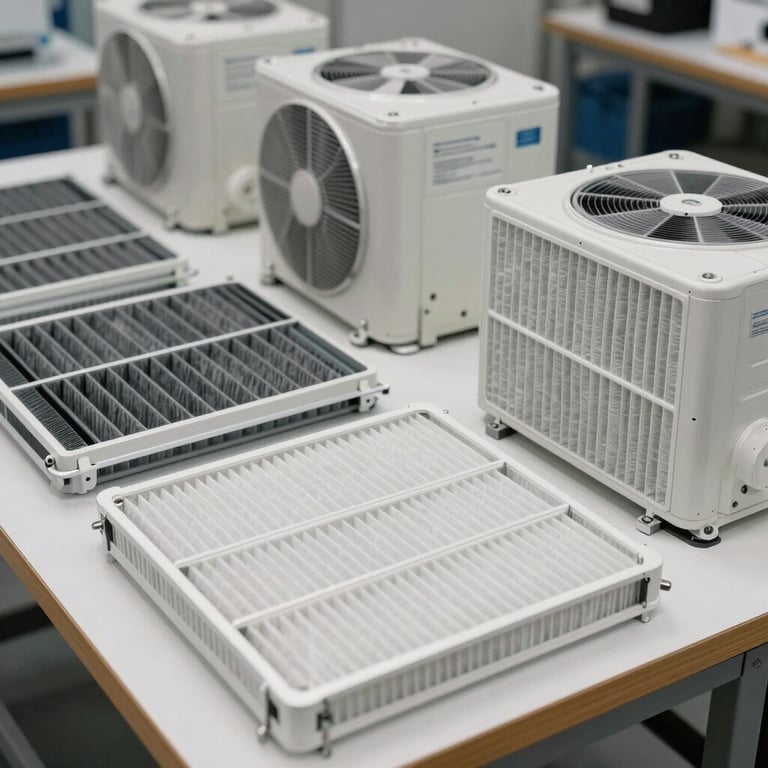 Clean, new air filters and high-tech HVAC components laid out on a professional workspace, bright lighting, North American / US (Miami).
