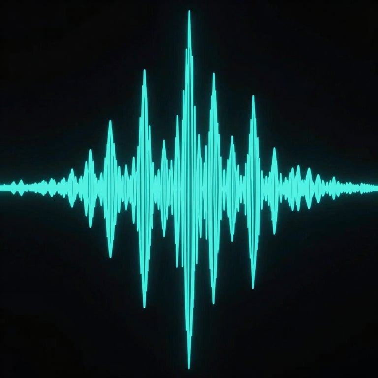 Abstract visualization of sound waves as sharp neon cyan lines against a pitch-black background.
