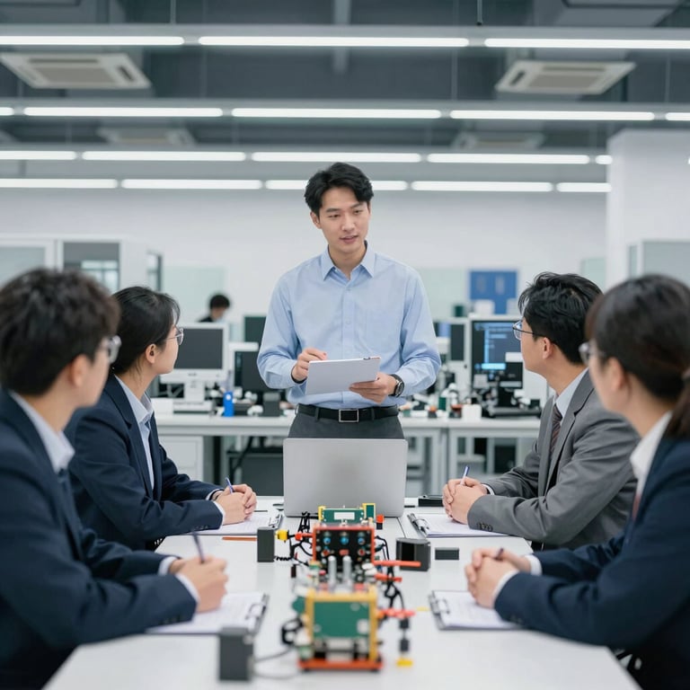Professional businessman in a suit leading a corporate meeting with colleagues in a modern office.