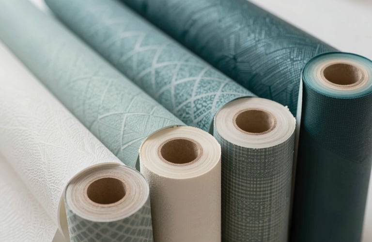 Detailed shot of various wallpaper rolls in sophisticated patterns and colors including #BFCBC2 and deep teal, arranged in a curated, professional display.