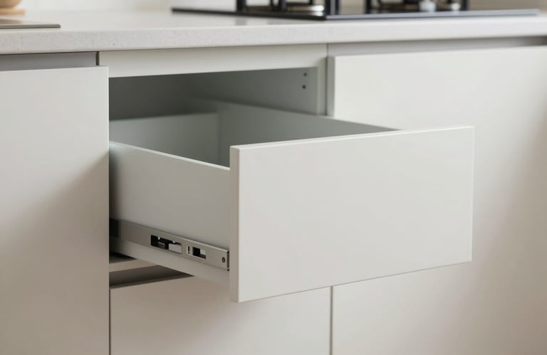 Modern kitchen cabinet drawer being pulled out, showing high-quality interior construction and sleek hardware against a #F7F7F2 wall.