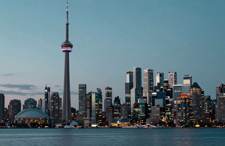 The exterior skyline of Toronto at night, emphasizing the urban service area, professional and high-end feel with #1E2B3A and #3A607C sky tones.