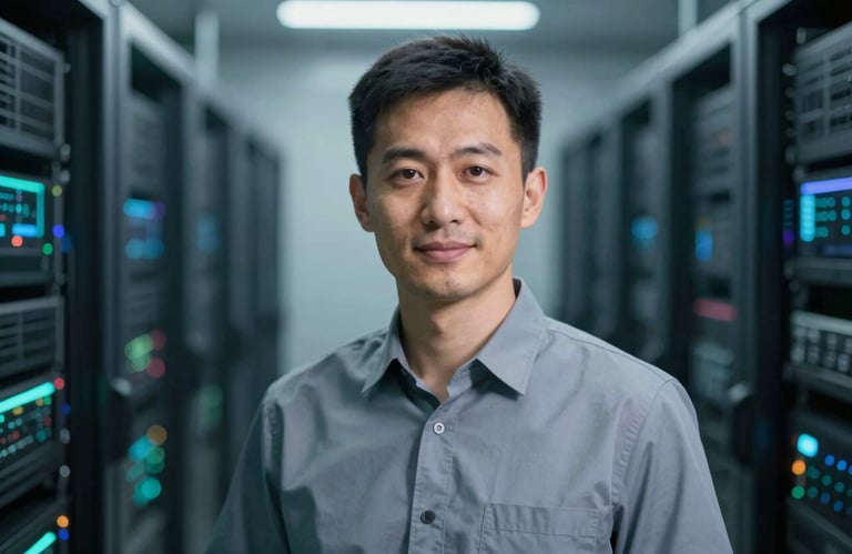 A professional studio portrait of a tech specialist wearing a simple, modern uniform, set against a blurred background of a data center. Lighting is cool-toned with subtle #A1C6D0 highlights, symbolizing expertise.