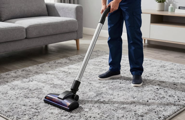 A professional cleaner using a high-end vacuum on a plush grey carpet in a modern North American living room.
