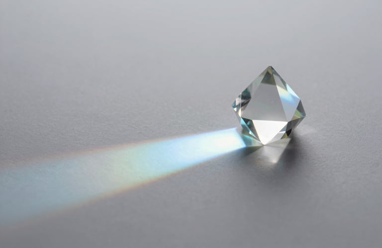 A crystal prism catching a beam of light on a clean surface, splitting it into a clear spectrum. The style is professional and minimalist, with pale mist lighting.