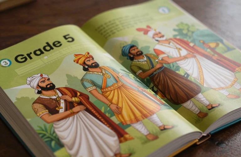 A close-up photograph of a high-quality, vibrant curriculum textbook for Grade 5, showing detailed illustrations of historical Indian figures on premium paper.
