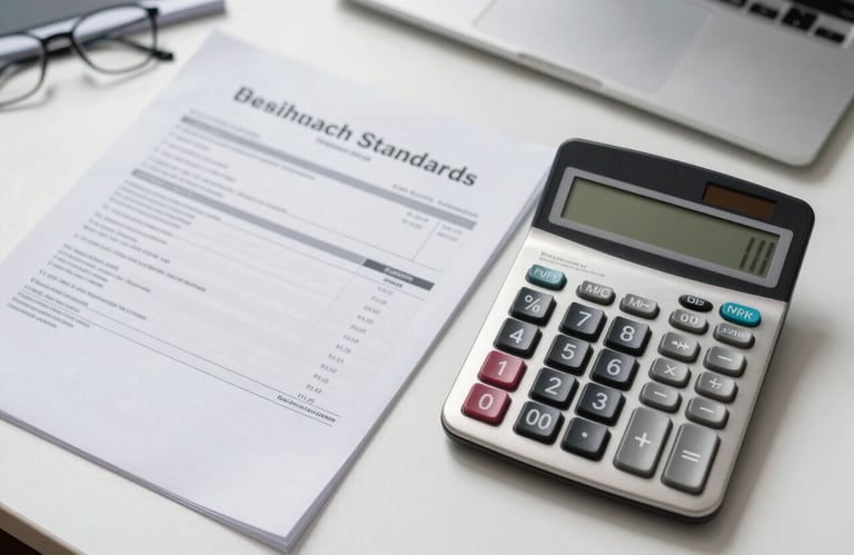 A top-down view of a tidy workstation with a digital calculator and business documents, in a bright office environment reflecting sophisticated accounting standards.