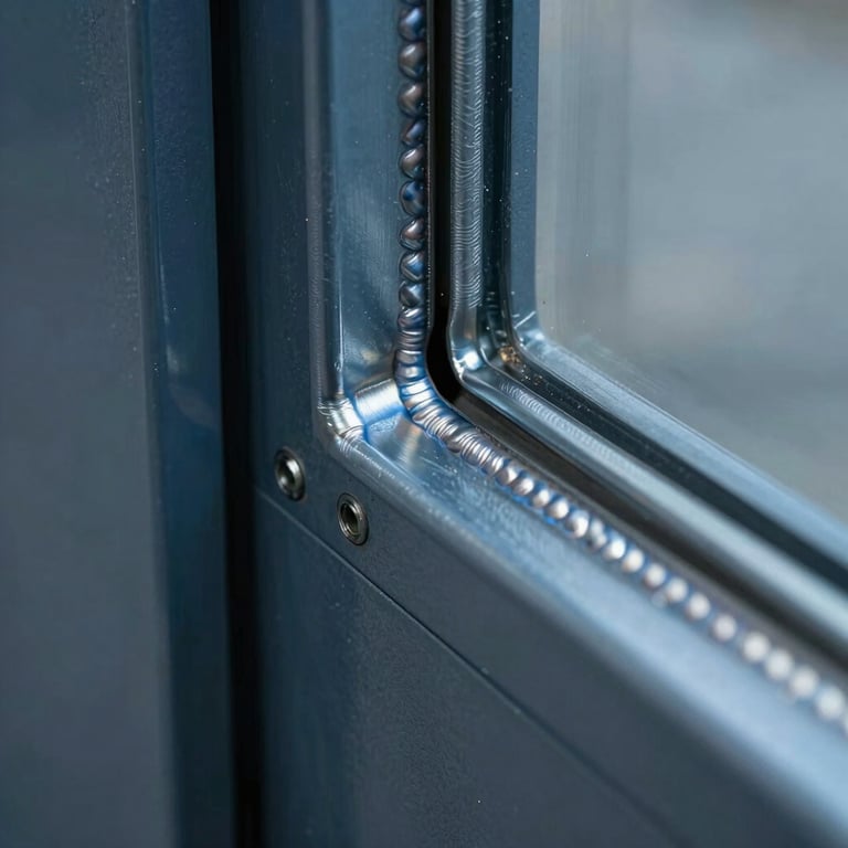 A detailed macro photograph of a solid steel security door frame, showing the clean welds and professional finish, North American / US industrial standard, cool blue and dark grey tones.