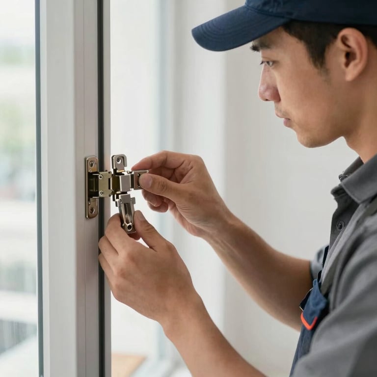 A professional installer in a North American / US commercial workspace inspecting a door hinge, clean attire, focus on the high-quality hardware, bright airy lighting, soft grey and white background.