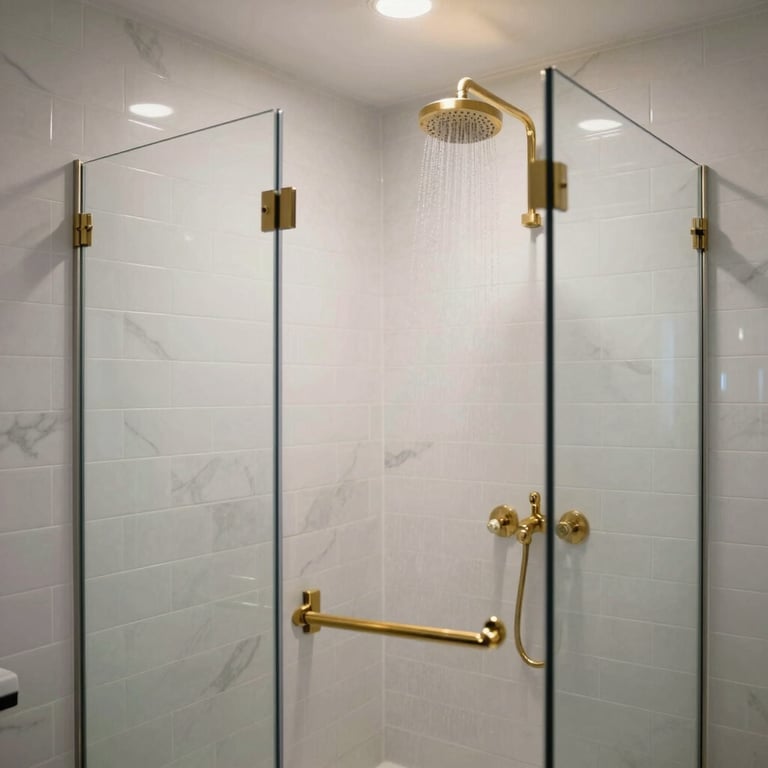 A luxury walk-in shower featuring glass doors, gold-toned rainfall showerhead fixtures, and white marble subway tile walls in a modern North American house.