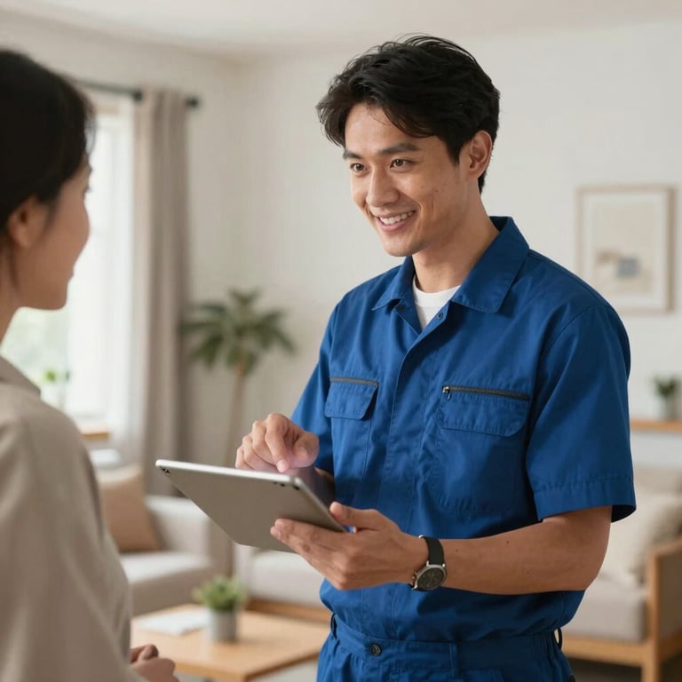 A professional service technician in a clean uniform consulting with a homeowner in a bright North American living space, gesturing toward a digital tablet with a trustworthy and friendly expression.