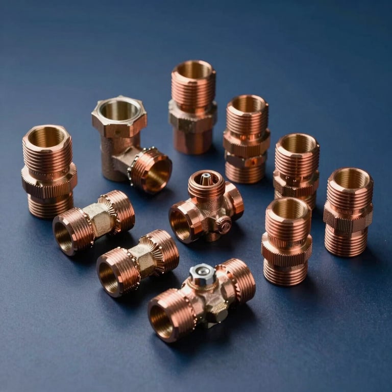A collection of high-grade copper pipe fittings and valves arranged neatly on a dark blue surface, captured with soft, professional studio lighting to highlight technical quality.