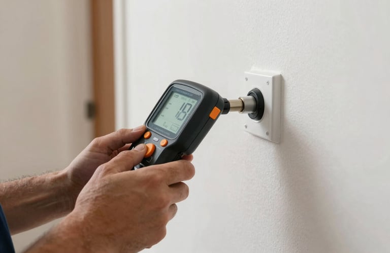 Hands of a professional technician using a digital leak detector on a wall in a clean South American residential property.