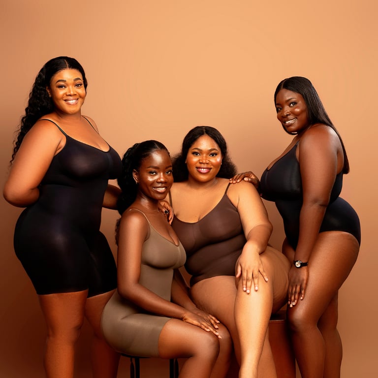 4 women of different shapes wearing Shapewear in different sizes and colors 