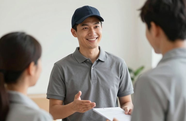 A friendly mover in a #2C3E50 polo shirt communicating with a client. The interaction looks positive, professional, and trustworthy.