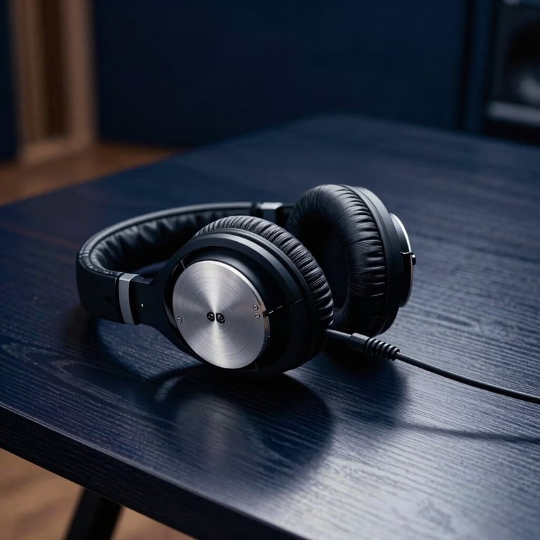 Professional studio headphones resting on a dark, polished mahogany table in a recording studio. Deep navy blue shadows and soft white light. Global / International.