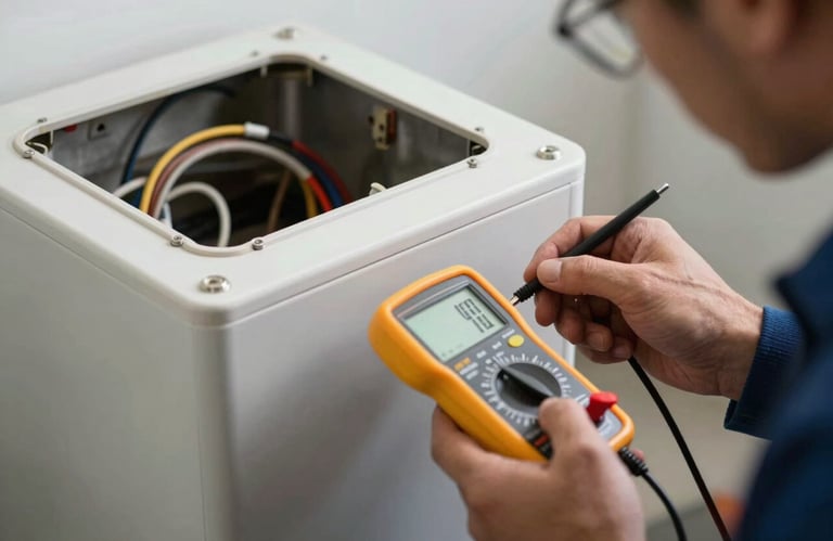 A professional technician inspecting the internal wiring of a modern chimney unit with a multimeter.
