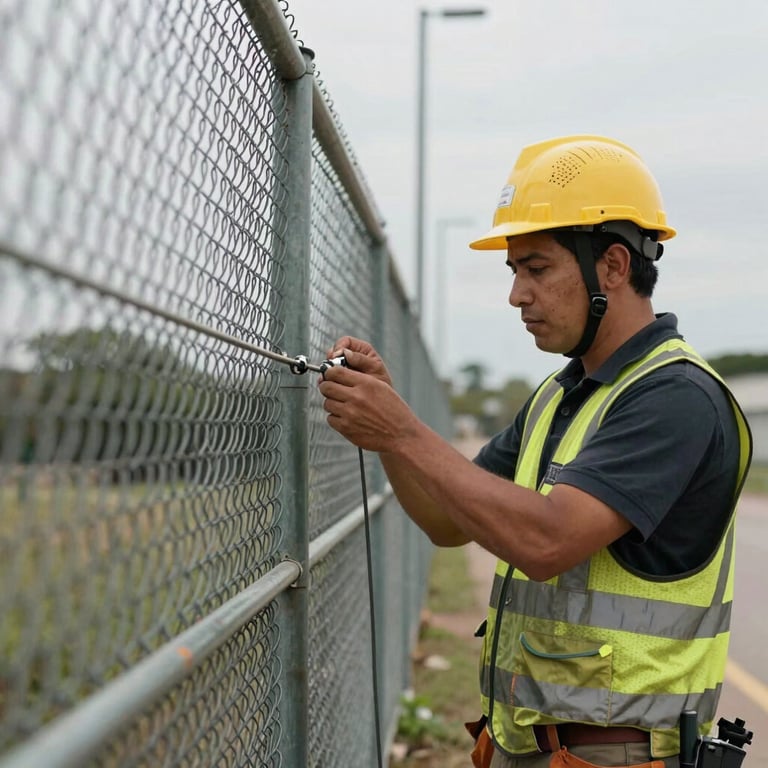 A professional South American technician in safety gear installing a tension wire on a perimeter fence, focused expression, outdoor industrial daylight.