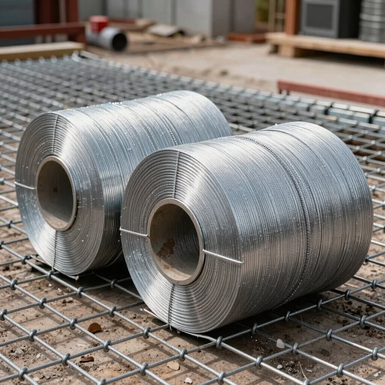Detailed shot of professional installation tools and silver rolls of chain-link mesh on a South American construction site, industrial style.