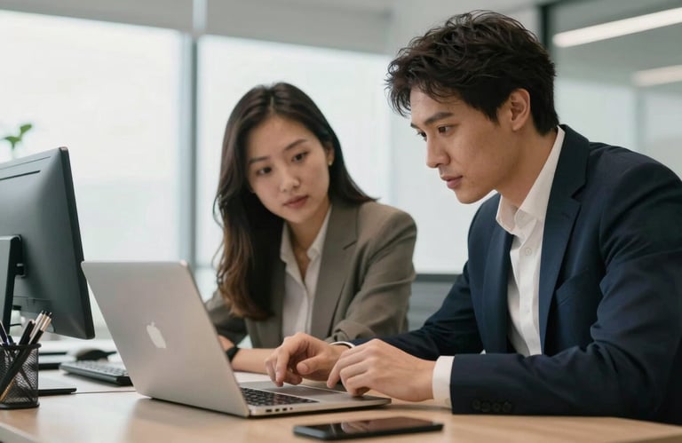 Two professionals in a bright, modern office collaborating over a sleek laptop, discussing a mobile application interface, Global / Tech-focused.