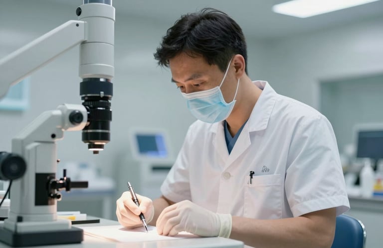 A healthcare professional in a clean white uniform focused on clinical tasks in a modern, well-lit medical setting in Northern Europe.