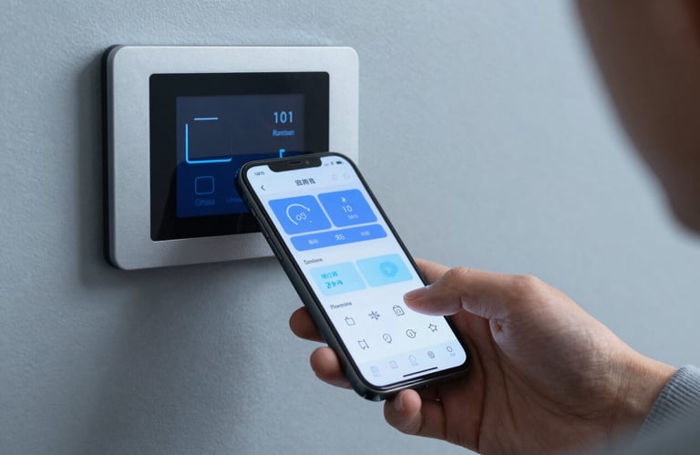 Close up of a person using a mobile app to adjust the temperature on a smart home system in a North American / US household, steel blue tones.