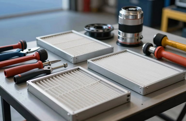 A close-up shot of high-quality HVAC tools and filters arranged neatly on a work table in a North American / US garage setting, sky blue lighting.