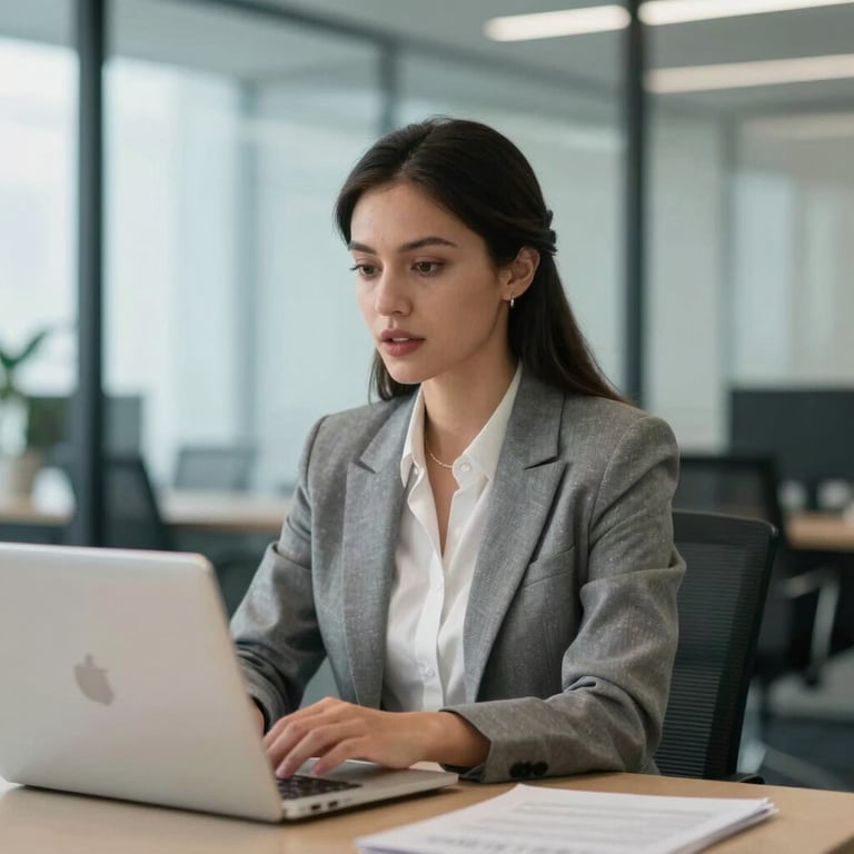 A sharp, medium shot of a professional woman in business attire confidently leading a video conference on a laptop. She is in a high-end North American office space with a blurred glass background, symbolizing leadership and expertise.
