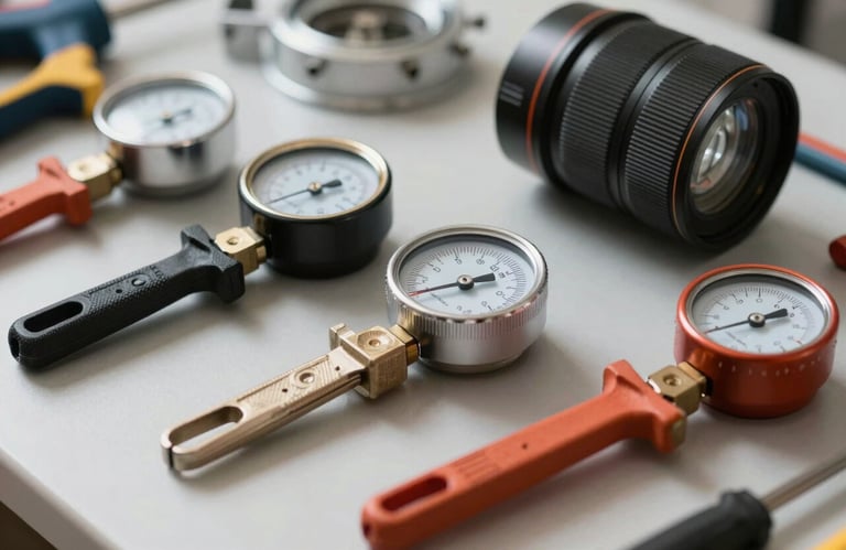 A professional tool kit for HVAC repair and maintenance organized on a clean surface, featuring specialized gauges and instruments, sharp focus, professional lighting.