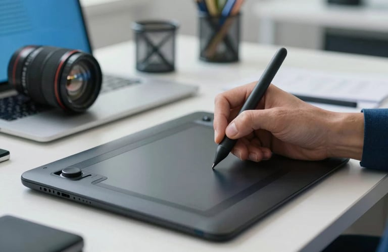 A close-up of a designer's hand using a stylus on a professional graphics tablet in a bright Eastern European / Croatian office space, blue accents.