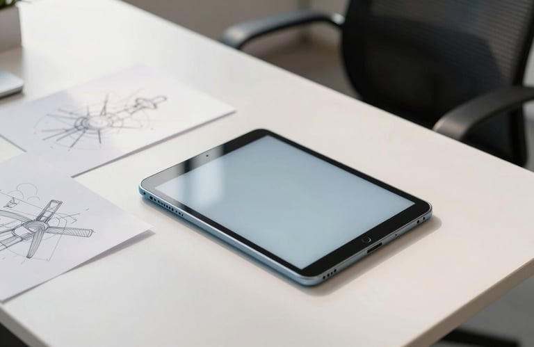 A clean, high-angle shot of a white desk in a Croatian tech firm with a light blue tablet and several artistic sketches on paper, soft morning light.