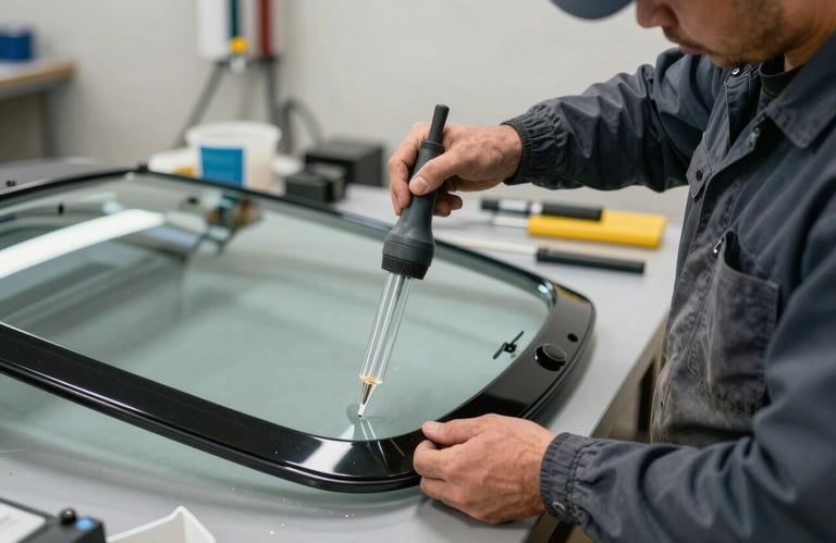 A skilled technician wearing a dark blue-grey uniform, using professional glass suction handling tools to carefully lift a new windshield. North American / US indoor workshop setting with clean, organized equipment.