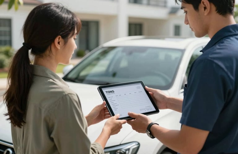 A customer in a modern North American / US residential setting receiving a digital invoice on a tablet from a professional technician. Both are standing next to a clean white car, atmosphere is trustworthy.