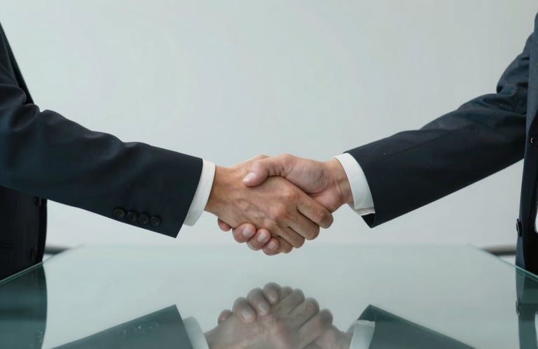 A handshake between two professionals over a glass table in a modern boardroom. The lighting is clean and bright, reflecting a light smoke grey palette.