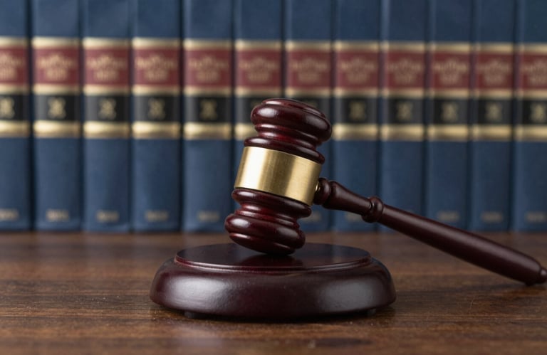 A wooden legal gavel resting on its sound block on a polished desk. The background is a wall of classic law books in soft focus. Colors: dark slate blue and wood tones.