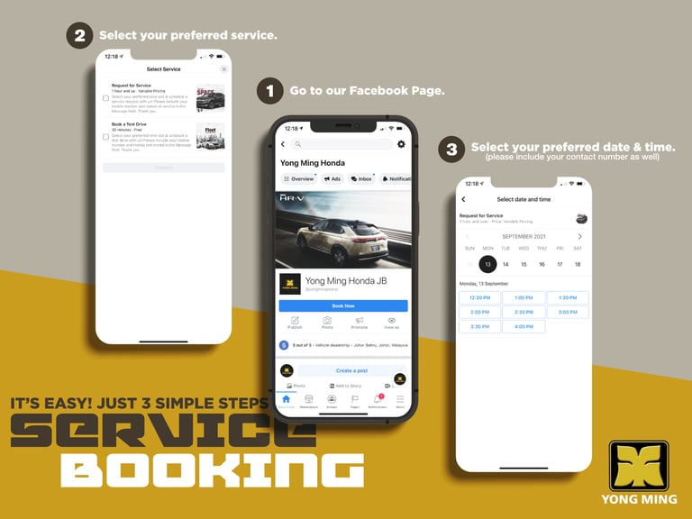 Infographic showing three steps to book a car service online via a mobile app interface.
